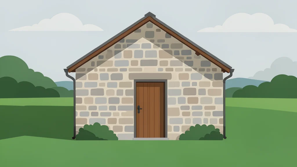 A quiet rural village hall with a stone facade and a single wooden door, surrounded by green fields and hedgerows under a soft, overcast sky.