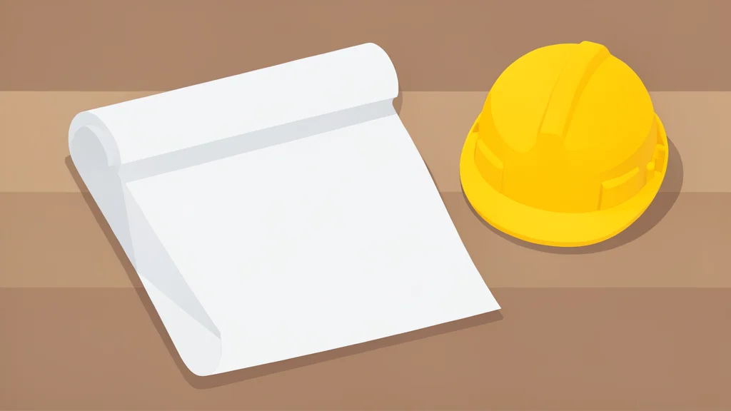 A rolled-up blueprint on a wooden table next to a hard hat.