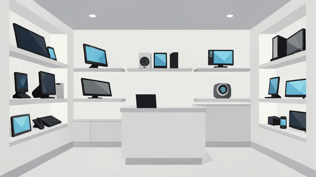 A modern retail store interior with shelves of consumer electronics and a checkout counter