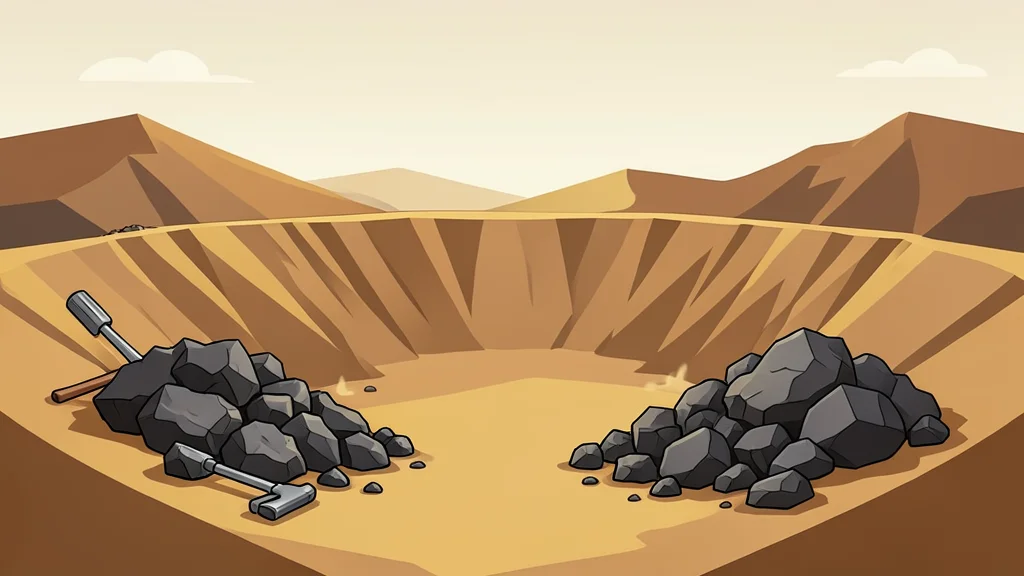 A dusty, open-pit gold mine with scattered mining tools and piles of raw ore in a dry landscape
