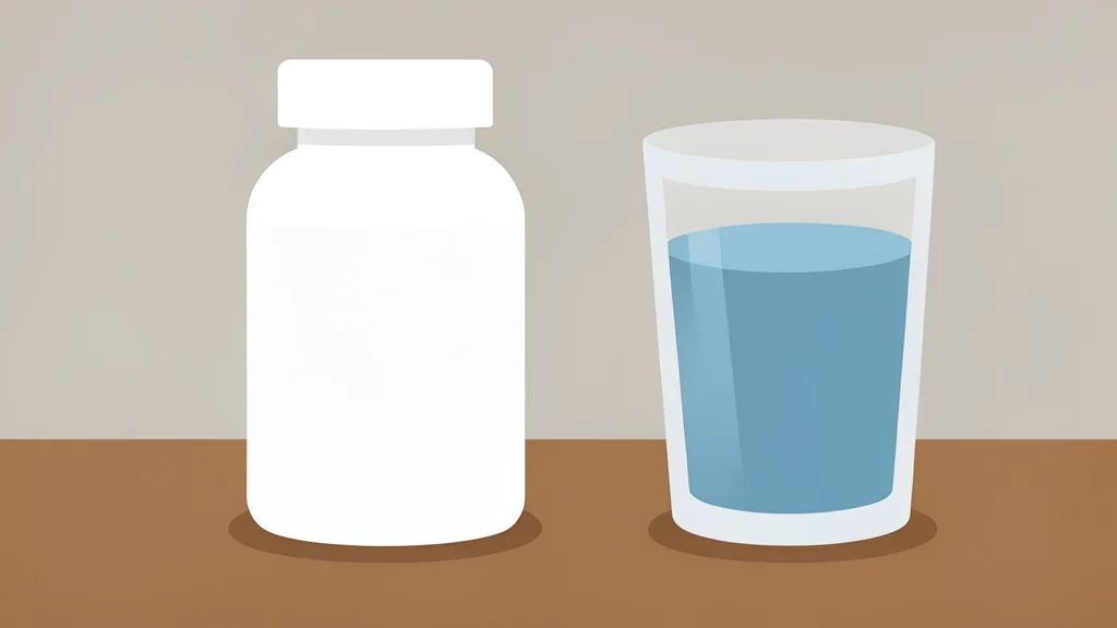 A white pill bottle with a generic label sitting on a wooden desk next to a glass of water