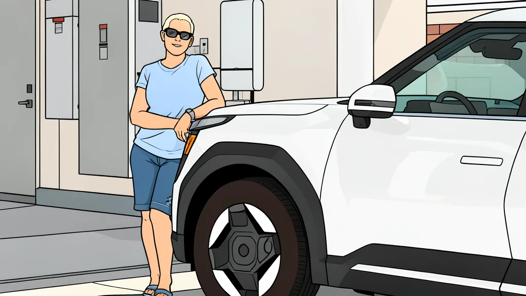 A modern electric vehicle parked in a residential garage next to a wall-mounted charging unit