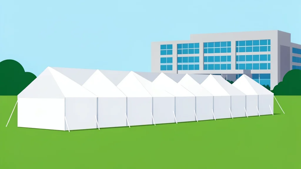 A row of white medical tents set up on a grassy field near a modern hospital building