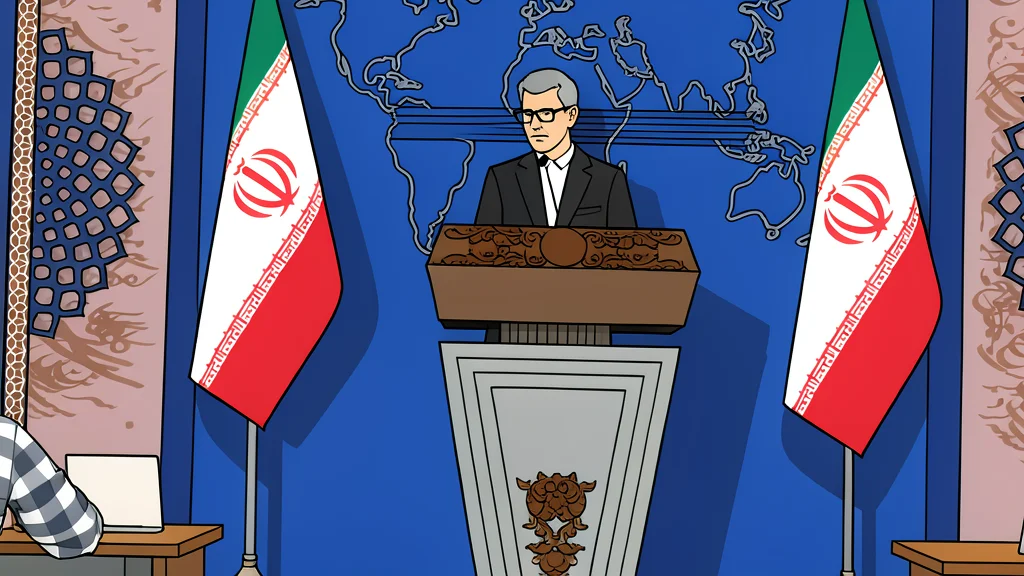 A diplomatic podium with a microphone in the foreground and a blurred silhouette of a government building in the background.