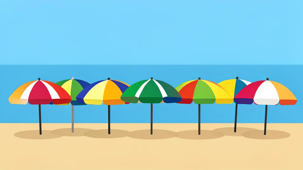 A row of colorful beach umbrellas on a sandy shore