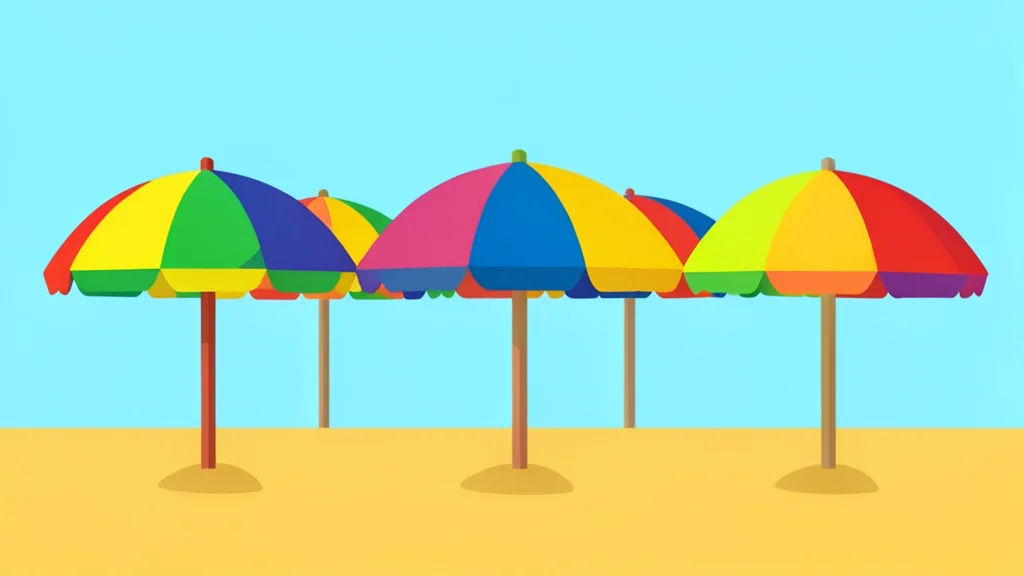 A row of colorful beach umbrellas on a sandy shore