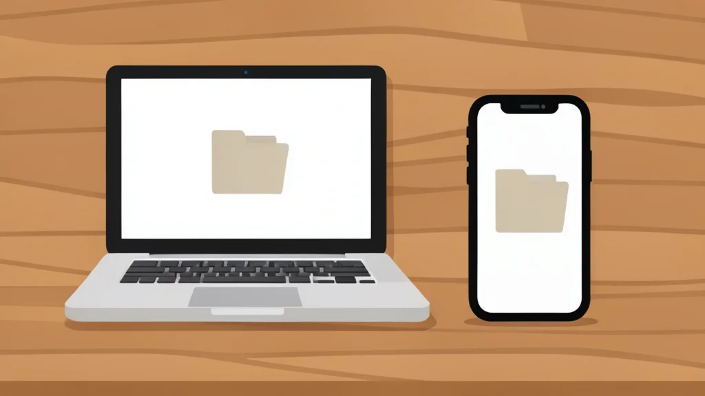 A wooden desk with a laptop and a smartphone side by side, both displaying a simple folder icon on a blank screen