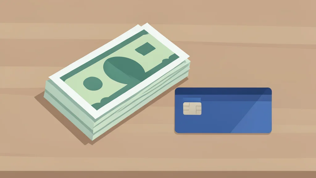 A stack of paper currency and a credit card resting on a wooden desk