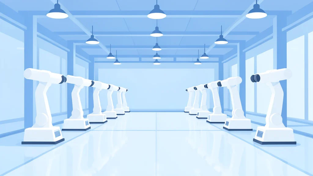 A clean, high-tech manufacturing facility with rows of white robotic arms and polished floors