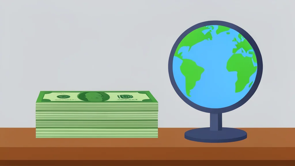 A stack of U.S. dollar bills resting on a wooden desk next to a globe