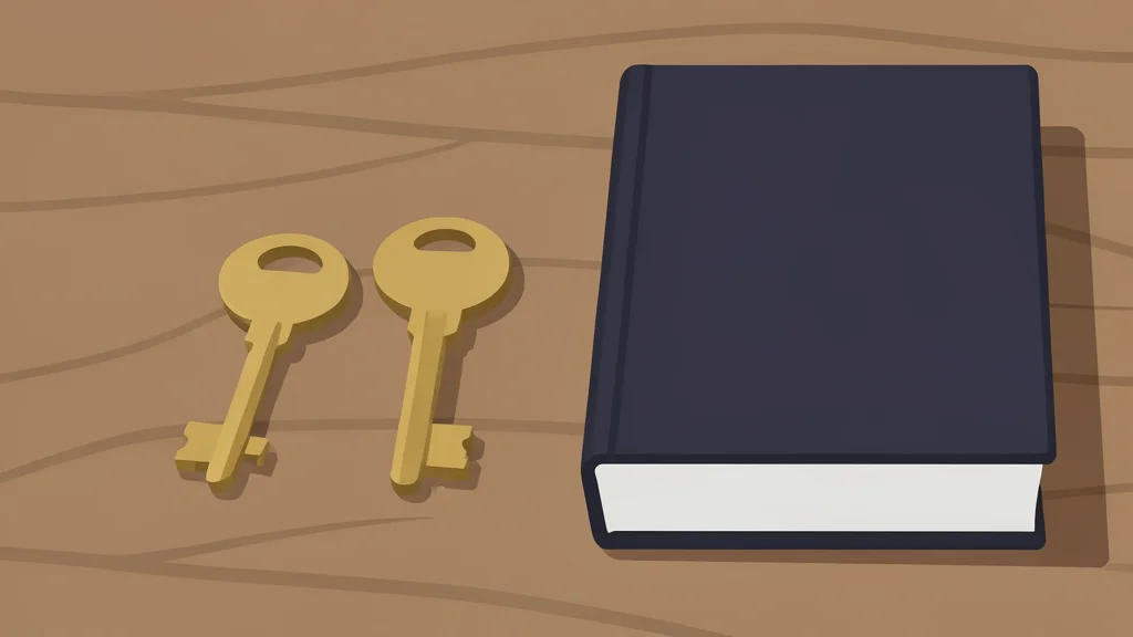 A set of brass house keys resting on a wooden table next to a closed book