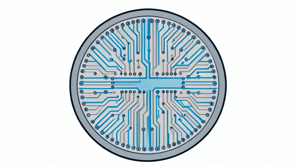 A close-up view of a silicon wafer with a grid of intricate circuit patterns