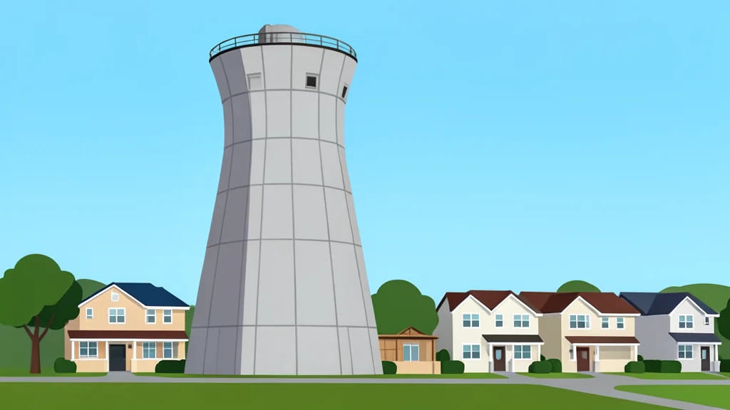 A large industrial cooling tower standing next to a residential neighborhood