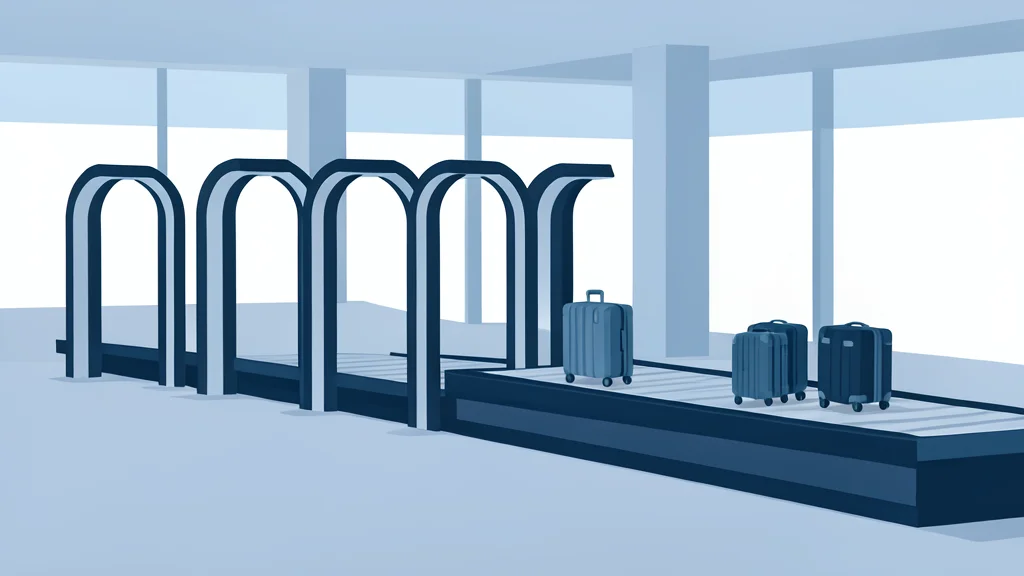 A modern airport security checkpoint featuring metal detectors and conveyor belts in a clean, vector style.