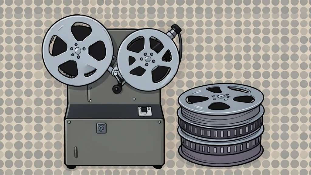 A vintage film projector and a stack of 35mm film reels