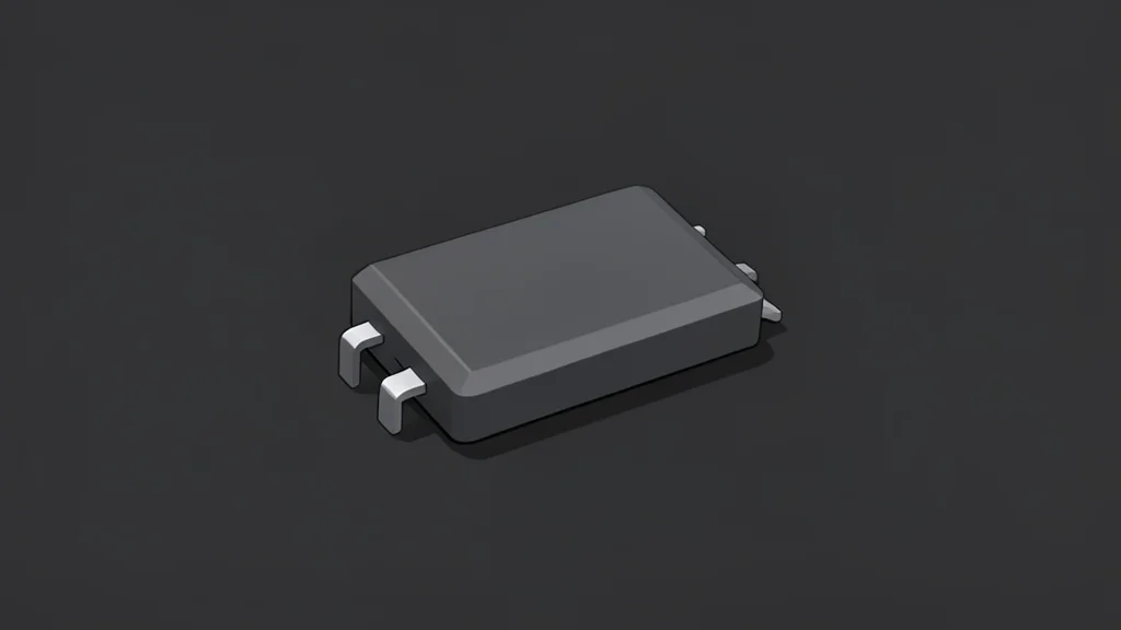 A close-up view of a small, rectangular electronic component with metallic terminals, resting on a dark, textured surface.