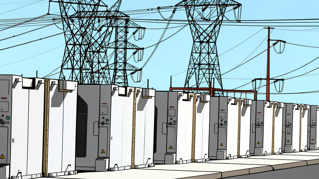 A large industrial battery storage unit standing in a field