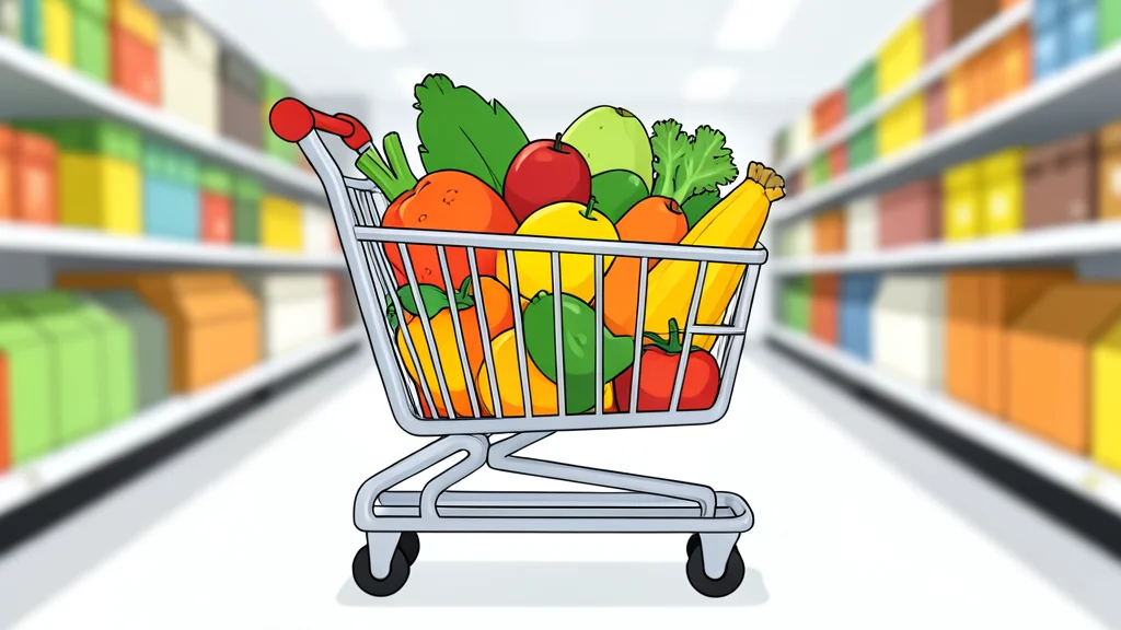 A shopping cart filled with groceries in a supermarket aisle