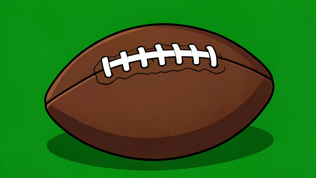 A green football field with white yard lines and a brown leather football resting on the grass