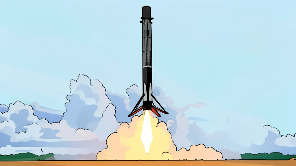 A white rocket booster standing vertically on a concrete landing pad with grid fins extended