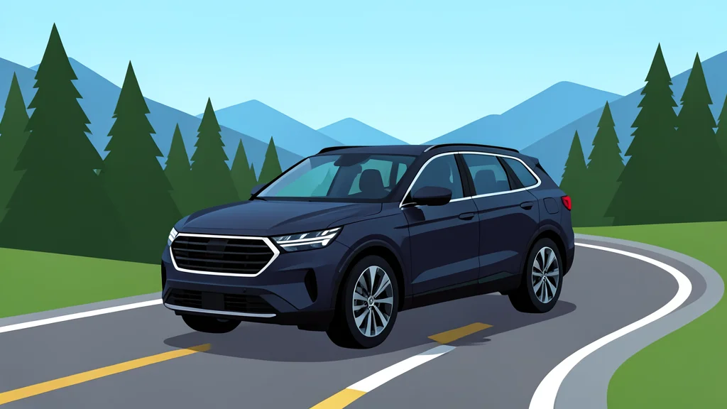 A sleek, dark-colored electric SUV parked on a winding mountain road with pine trees in the background