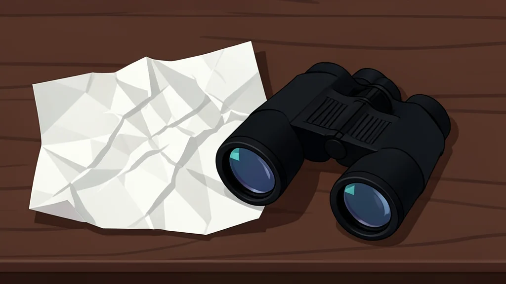 A pair of black binoculars resting on a dark wooden table next to a crumpled paper map