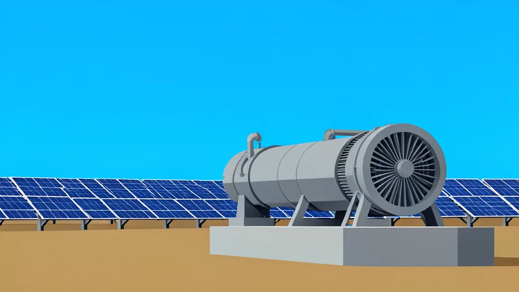 A large industrial gas turbine engine sitting on a concrete foundation next to a field of solar panels under a clear sky