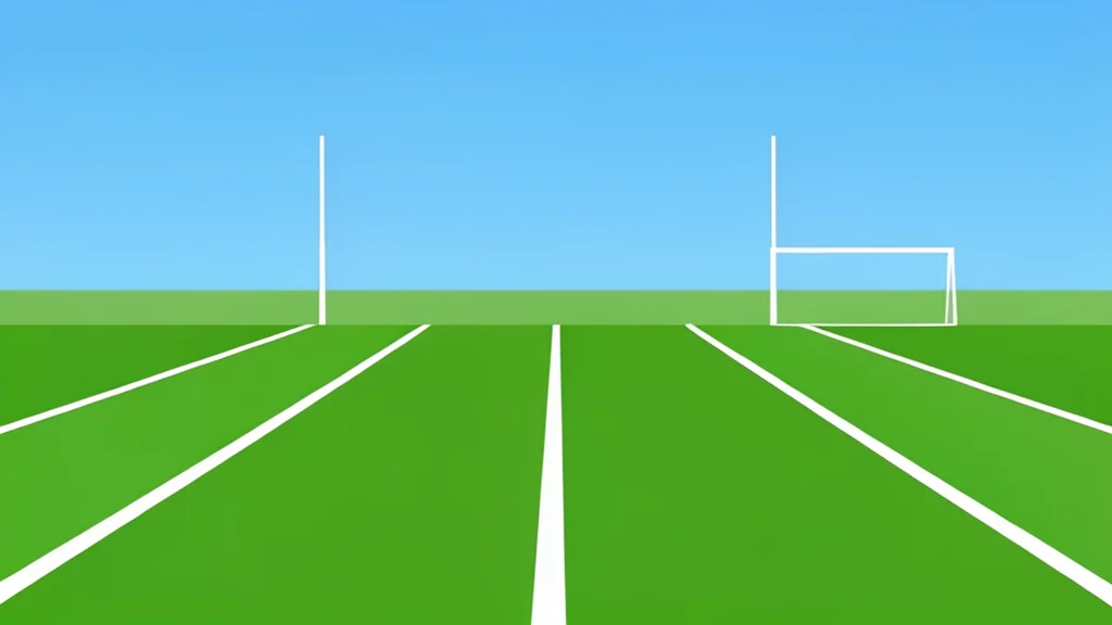 A green football field with white yard lines and goalposts in the distance