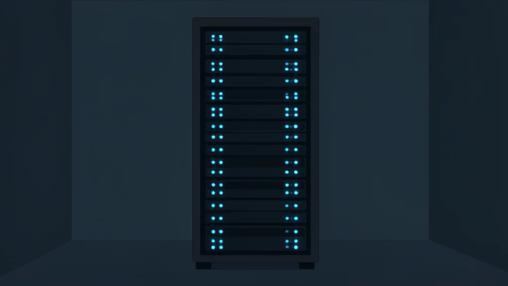 A server rack with glowing blue lights in a dark room