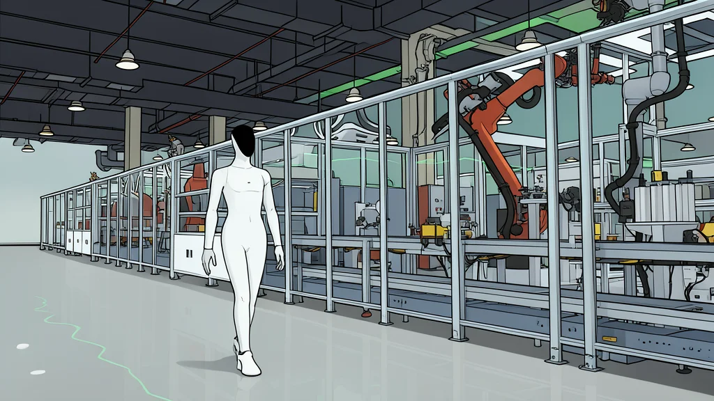 A sleek, bipedal humanoid robot standing on a polished industrial factory floor