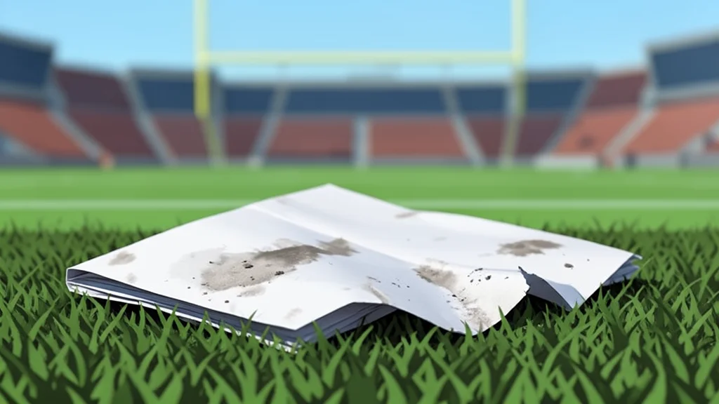 A worn leather football resting on green artificial turf