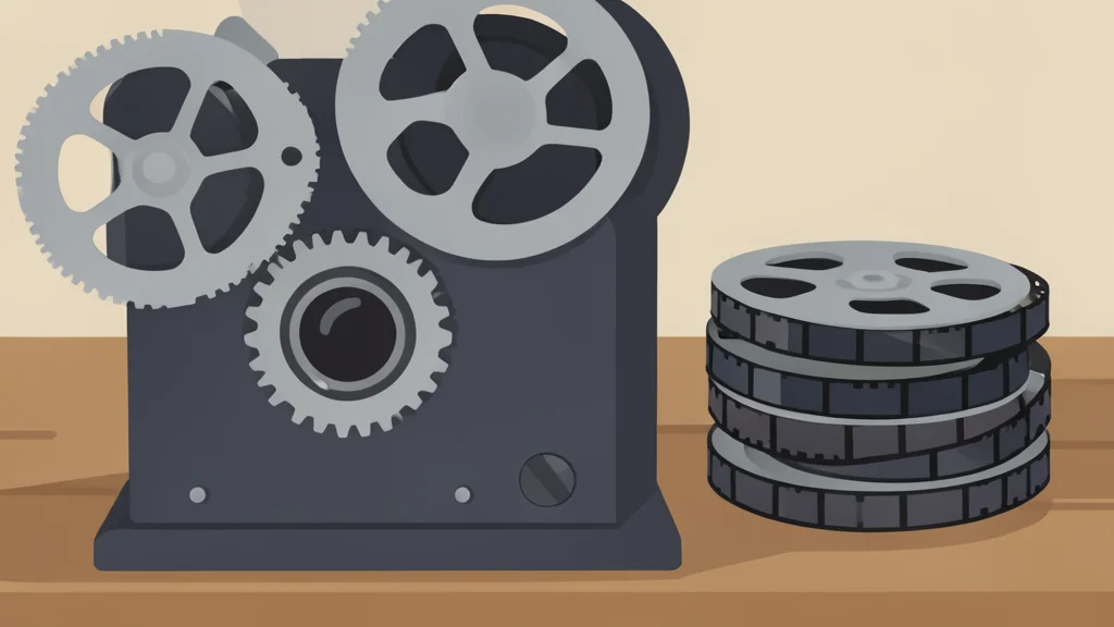 A vintage film projector on a wooden table beside a stack of film reels