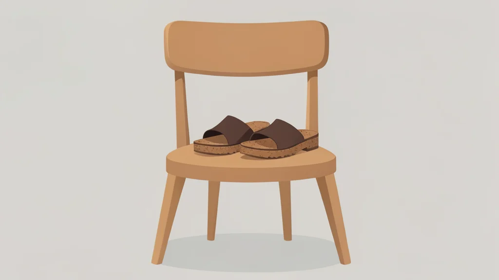 A pair of cork-soled sandals resting on a high-end wooden dining chair