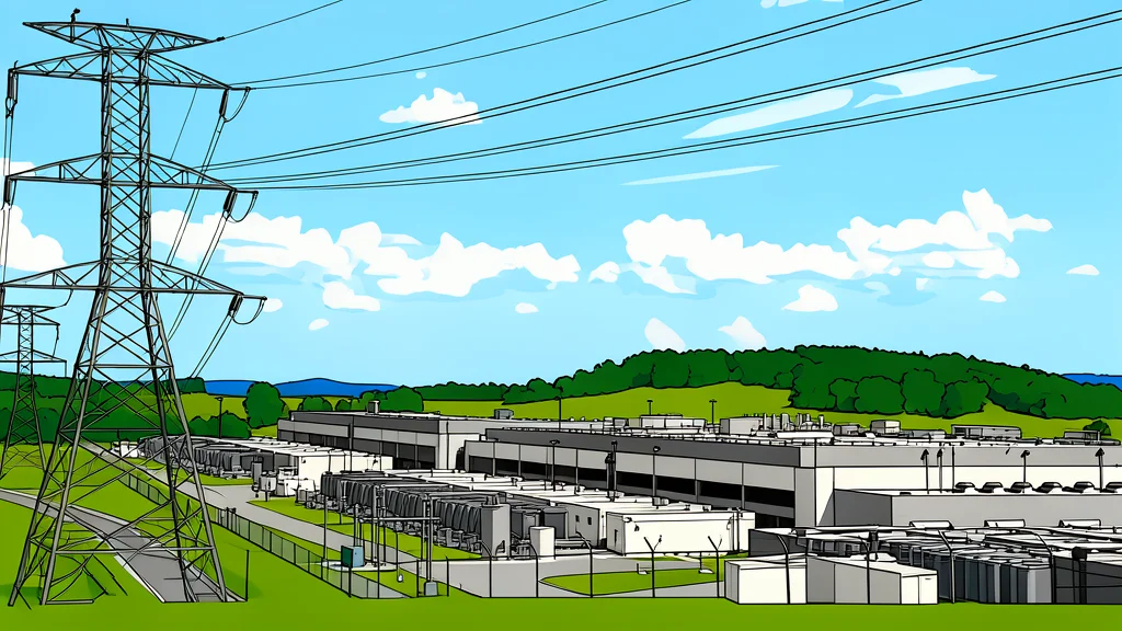 A large industrial server farm building with cooling towers and high-voltage power lines stretching into the distance
