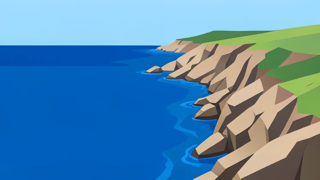 A rocky coastline meeting deep blue water near a narrow strait