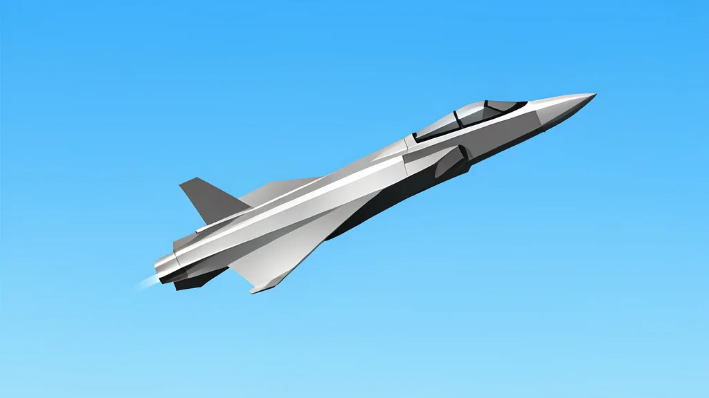A sleek, metallic fighter jet soaring through a clear blue sky