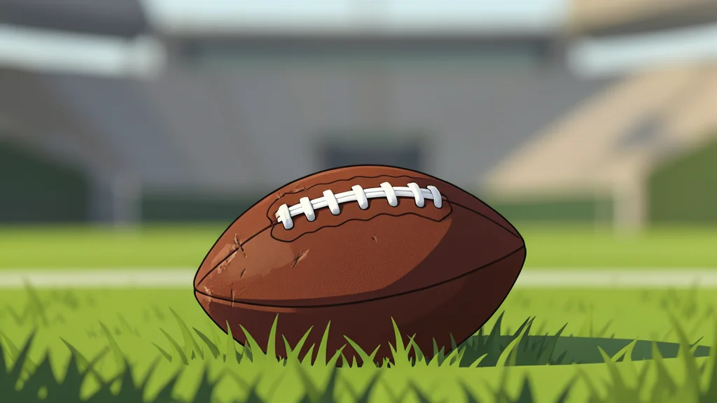 A green football field with white yard lines and a brown leather football resting on the grass