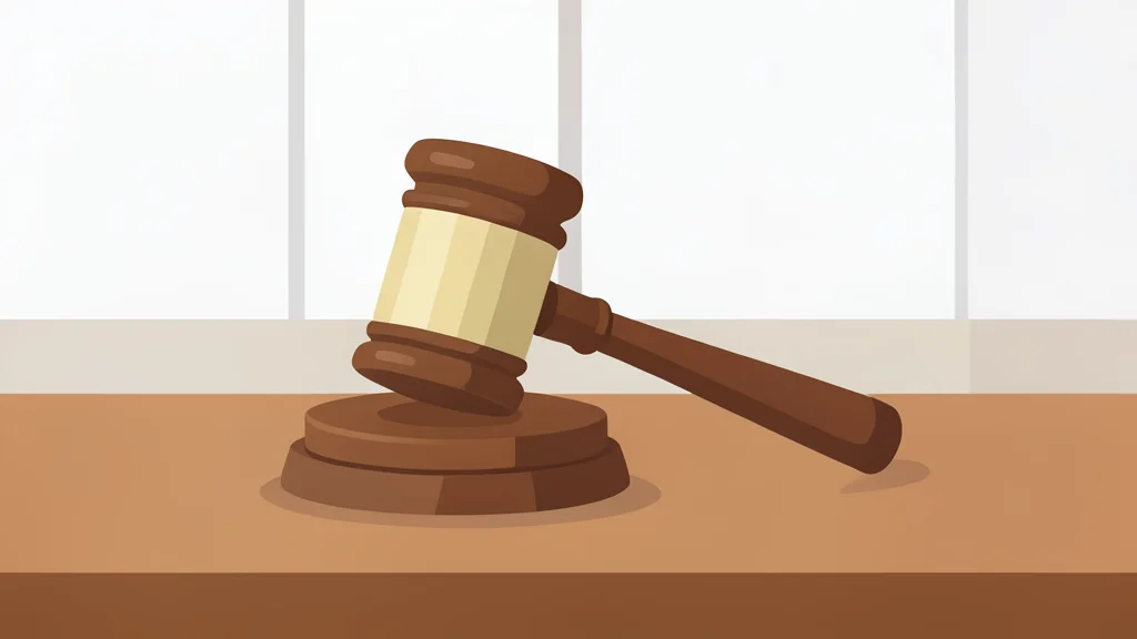 A wooden gavel resting on a polished desk surface