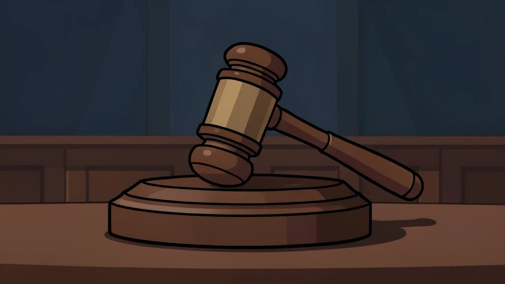 A gavel resting on a wooden sound block in a dimly lit courtroom