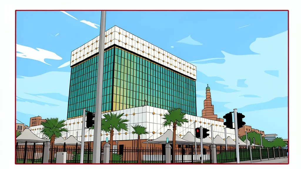 A modern bank building facade with large glass windows reflecting a clear sky