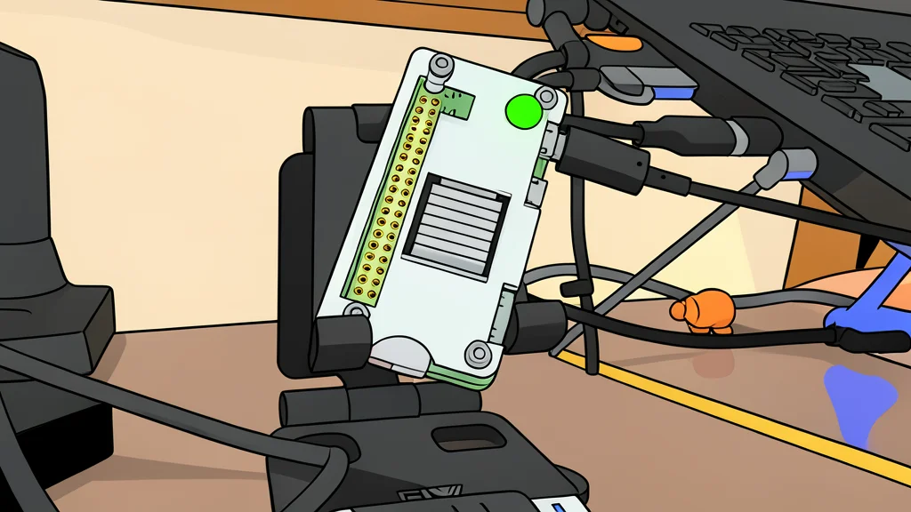 A small green circuit board with ports resting on a wooden desk surface.