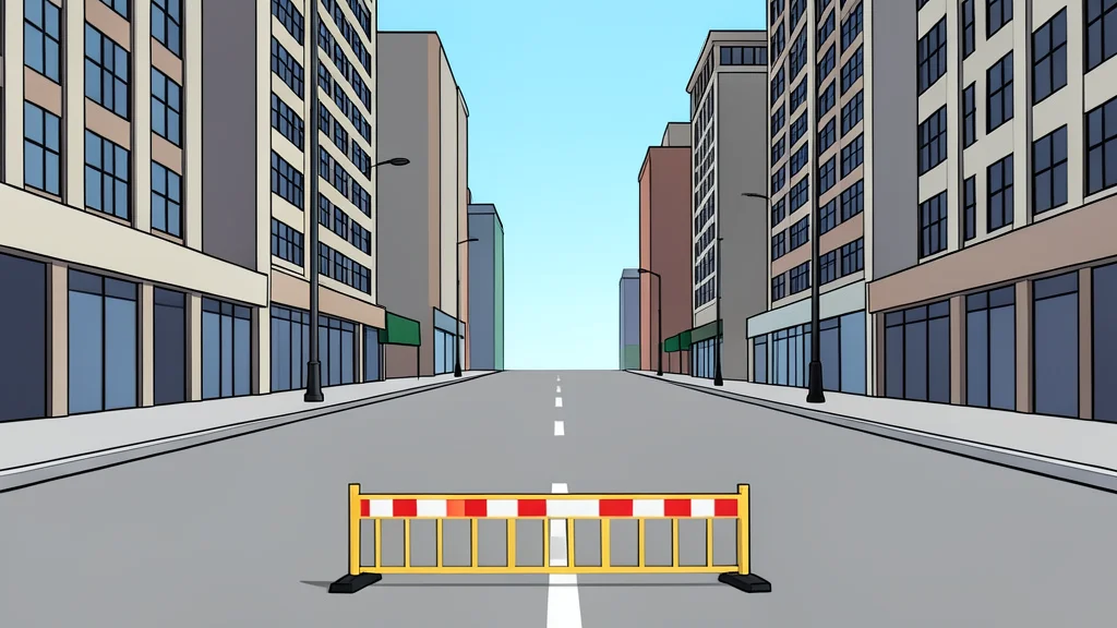 A wide, empty paved street in an urban area with tall buildings in the background and a single police barrier in the foreground
