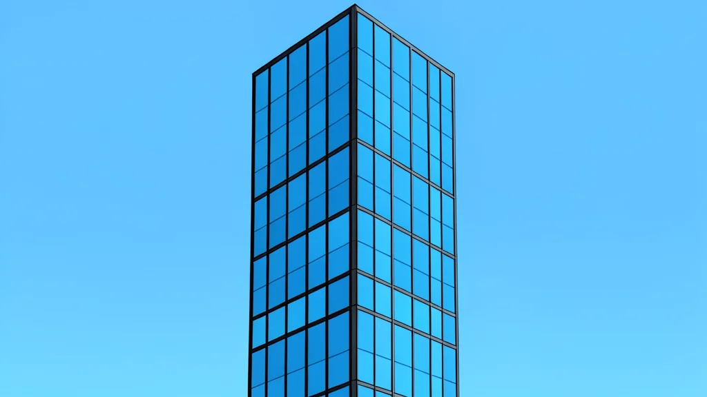 A modern glass skyscraper facade reflecting a clear blue sky