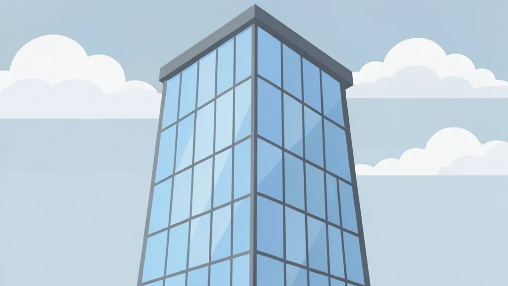 A large, modern glass skyscraper facade reflecting a cloudy sky