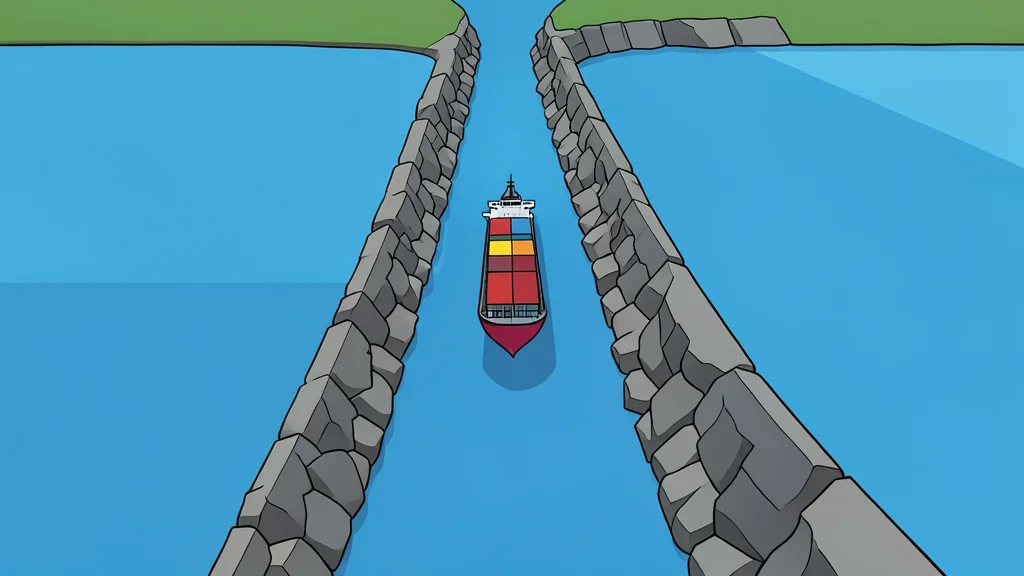 A flat vector illustration of a cargo ship navigating a narrow rocky strait between two large bodies of water.