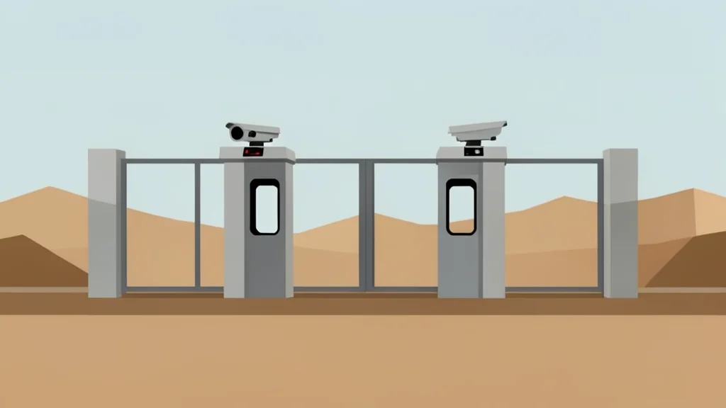 A high-security border checkpoint gate with metal detectors and surveillance cameras in a dry, dusty landscape