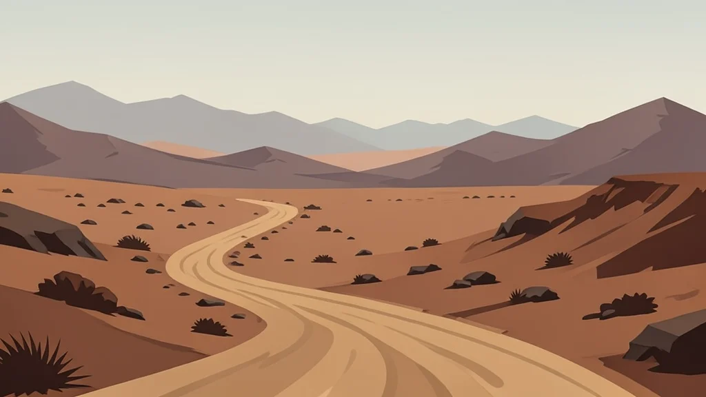 A rugged, arid landscape with winding dirt roads and distant mountain ranges under a hazy sky.