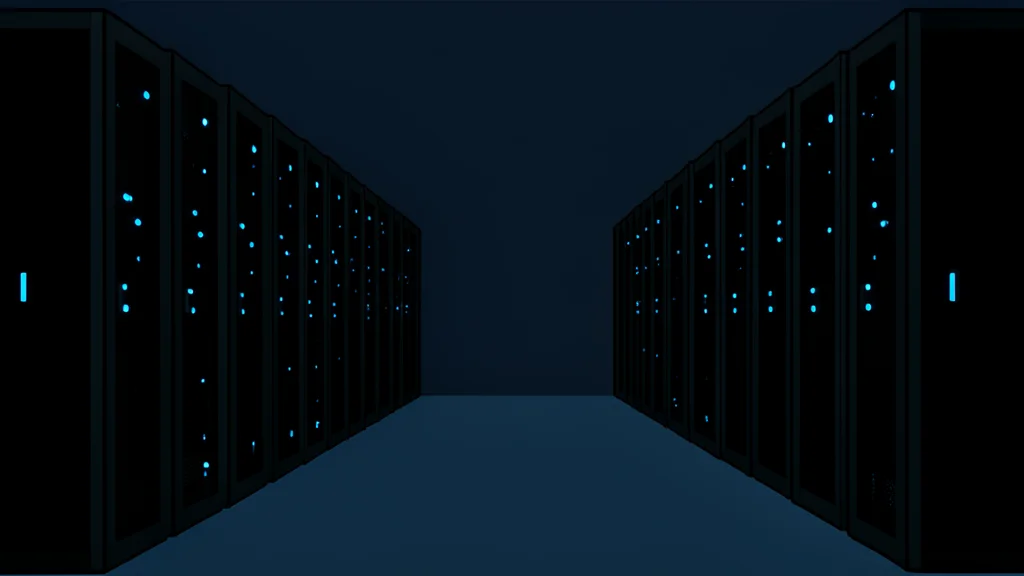 A server room with rows of black computer towers and glowing blue status lights