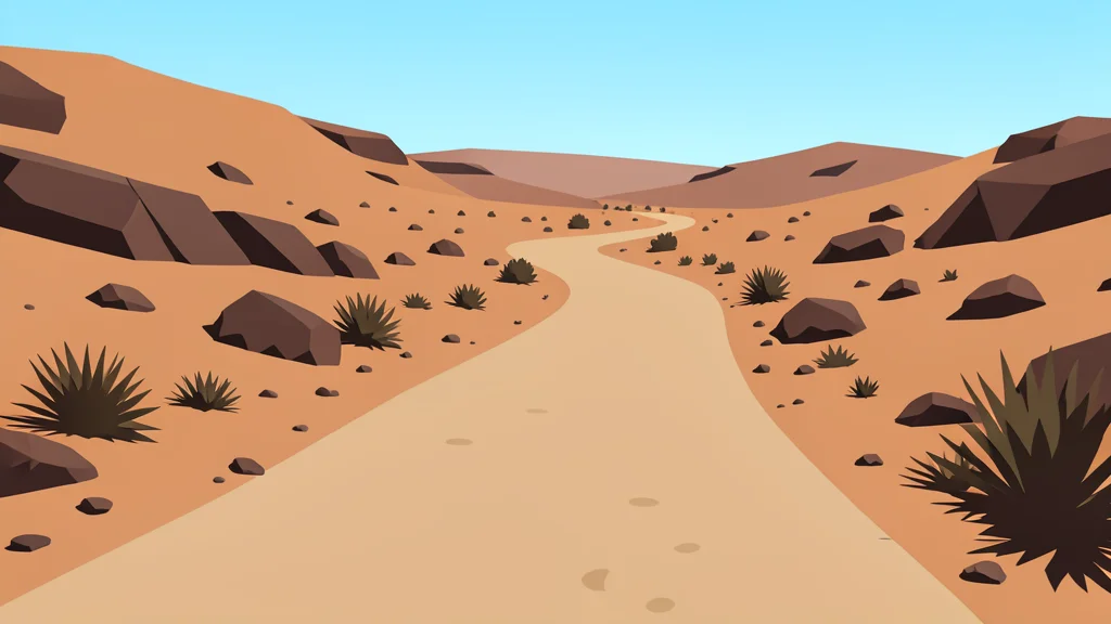 A dusty, unpaved road winding through a dry, rocky landscape with sparse vegetation