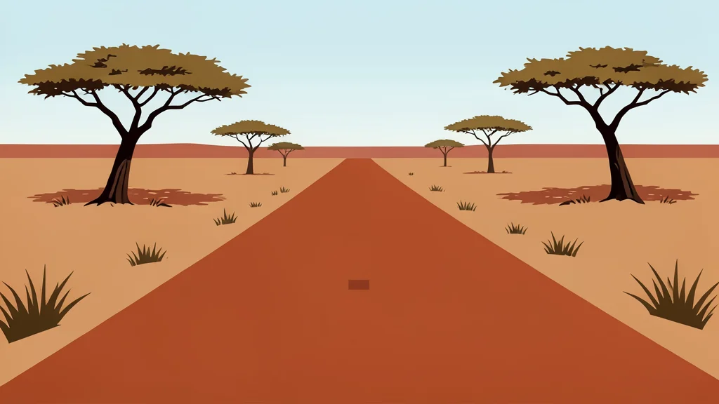 A dusty red-earth road stretching through a dry savanna landscape with sparse acacia trees in the distance